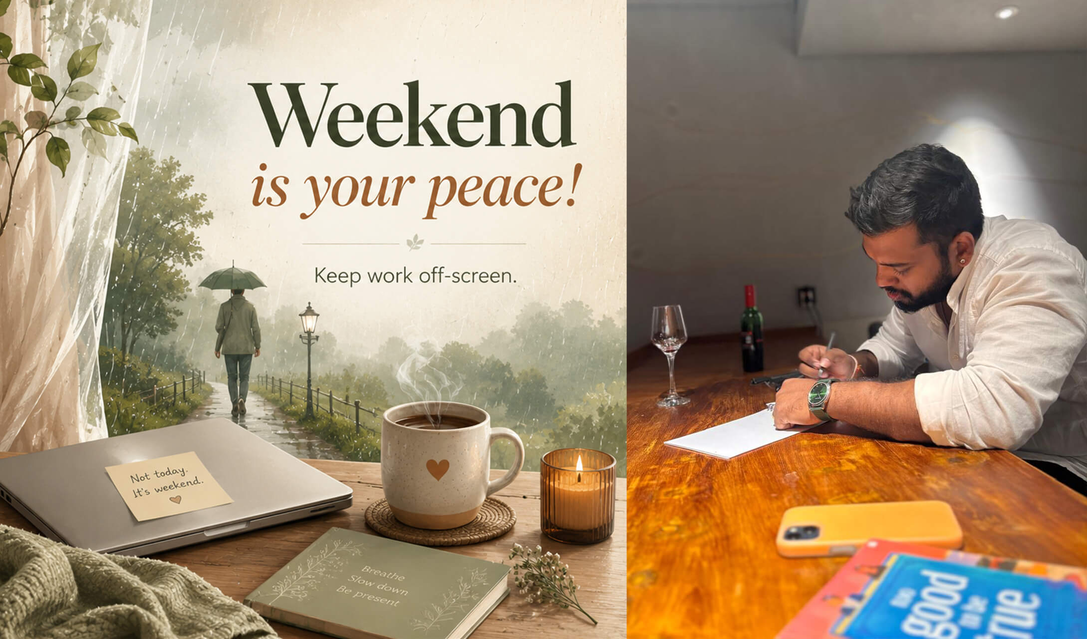 Left: an illustrated flat-lay of a closed laptop with a sticky note reading 'Not today. It's weekend.', a mug of coffee and a candle by a rainy window, titled 'Weekend is your peace! Keep work off-screen.' Right: a photo of me writing in a notebook by lamplight.